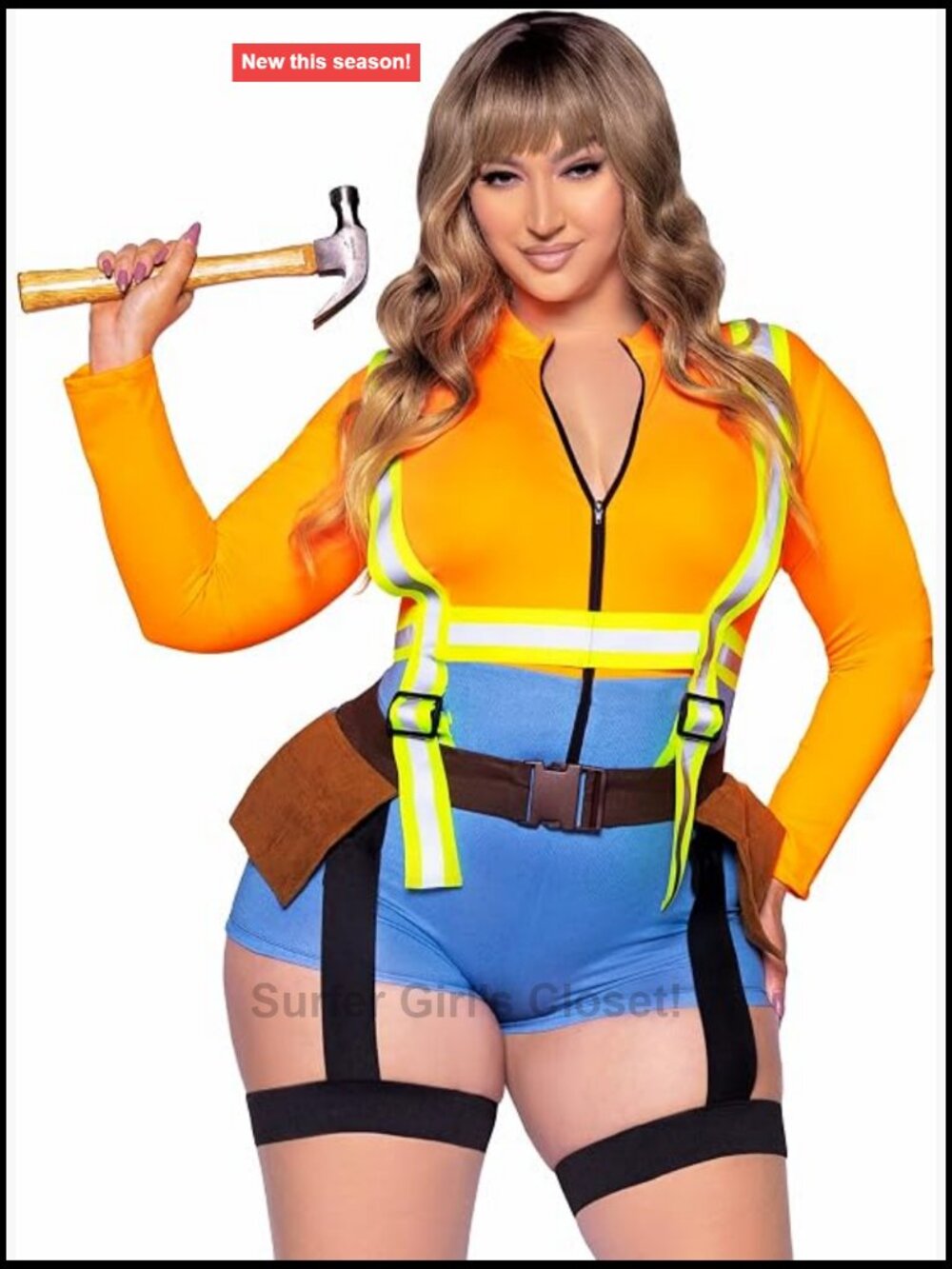 Plus Size Construction Worker Costume 2pc Romper Reflective Garter Harness